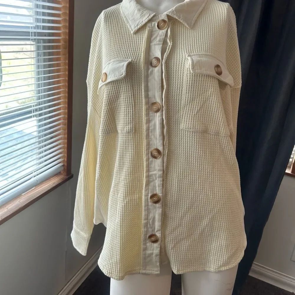 Cream Waffle-Texture Utility Jacket with Button Front